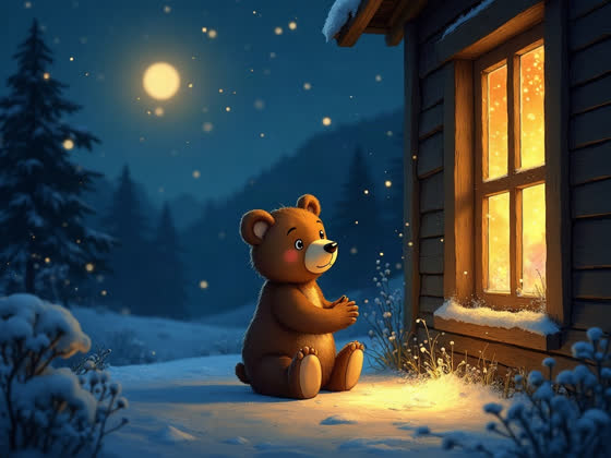 A bear cub by a cottage window as snow falls