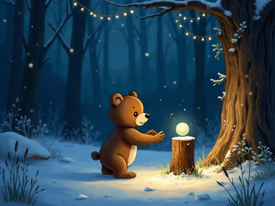 A bear cub carrying a glowing marble to an old badger's stump
