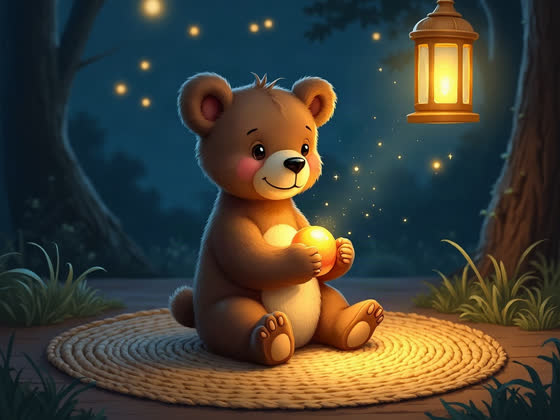 A bear cub sitting with the glowing marble on a woven mat